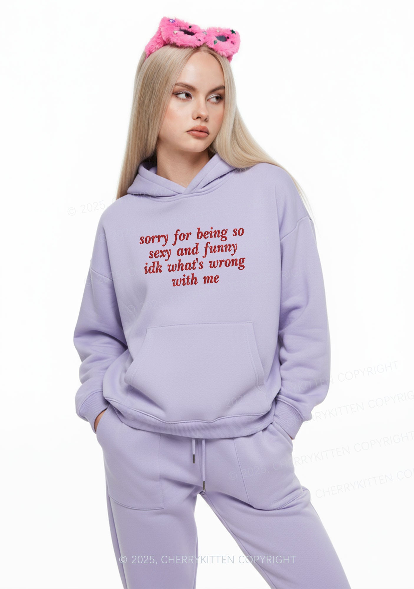 Embroidered Sorry For Being So Funny Y2K Fleece Hoodie Set Cherrykitten