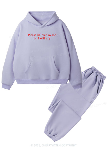 Embroidered Please Be Nice To Me Y2K Fleece Hoodie Set Cherrykitten