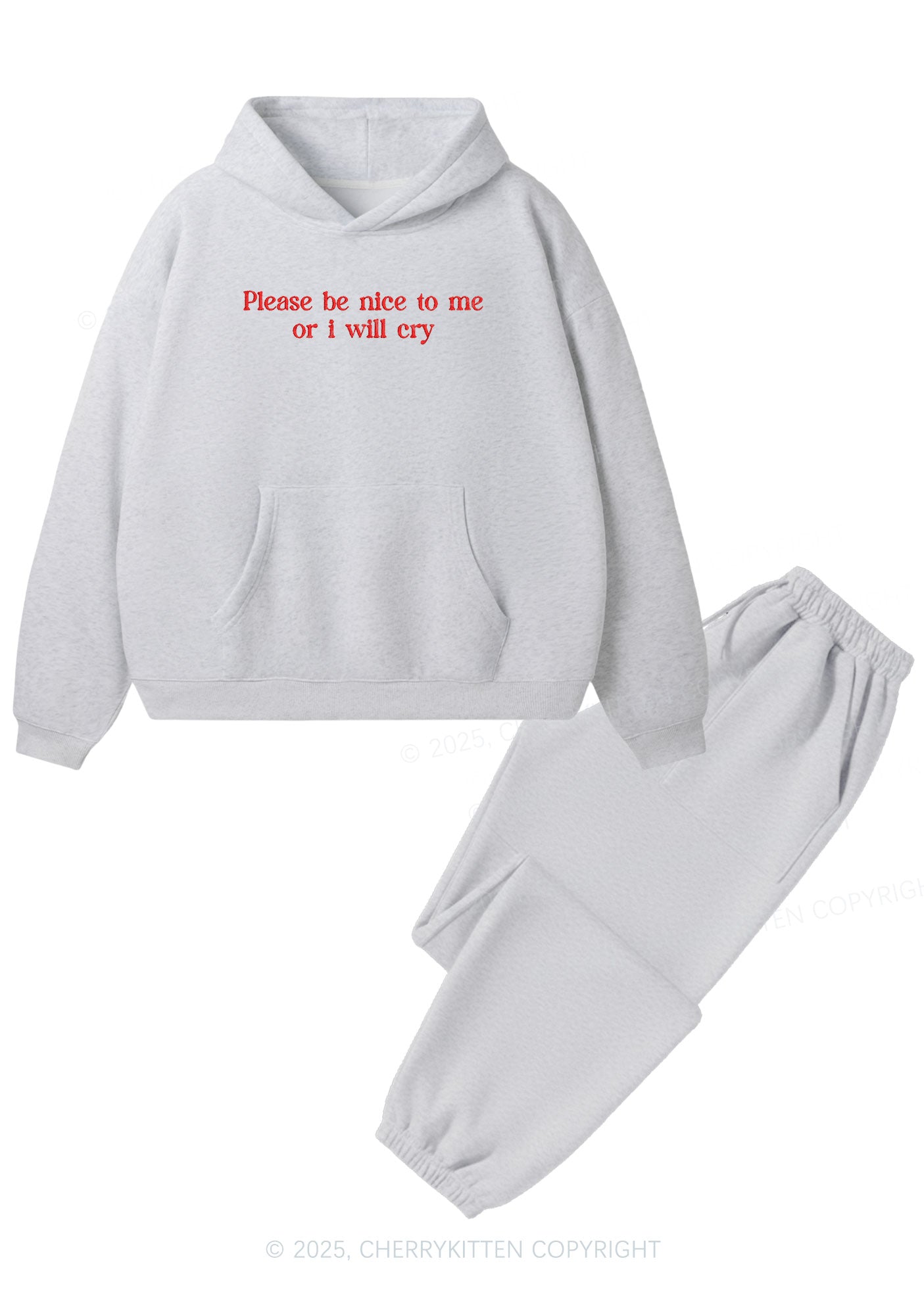 Embroidered Please Be Nice To Me Y2K Fleece Hoodie Set Cherrykitten