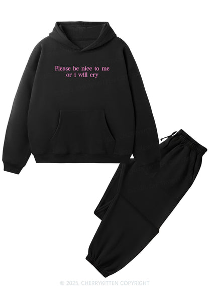 Embroidered Please Be Nice To Me Y2K Fleece Hoodie Set Cherrykitten