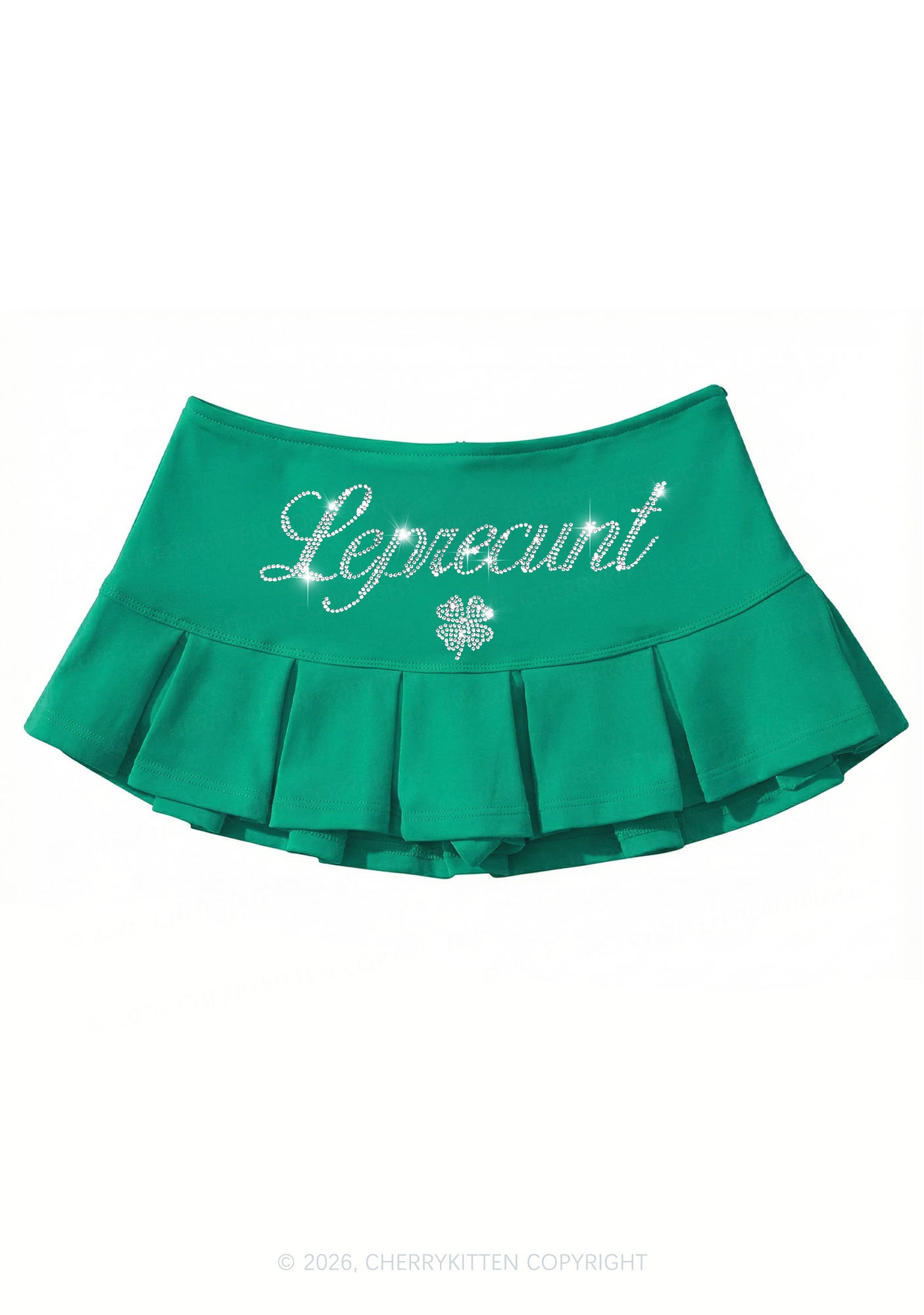 Rhinestone Leprecunt St Patricks Y2K Mini Pleated Skirts Cherrykitten