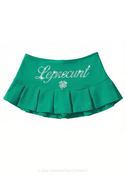Rhinestone Leprecunt St Patricks Y2K Mini Pleated Skirts Cherrykitten