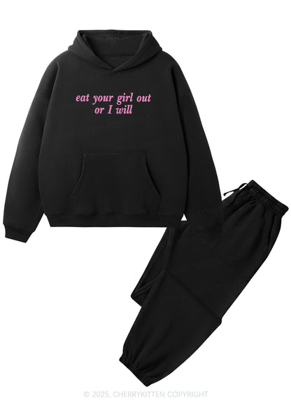Embroidered Eat Your Girl Out Pride Y2K Fleece Hoodie Set Cherrykitten