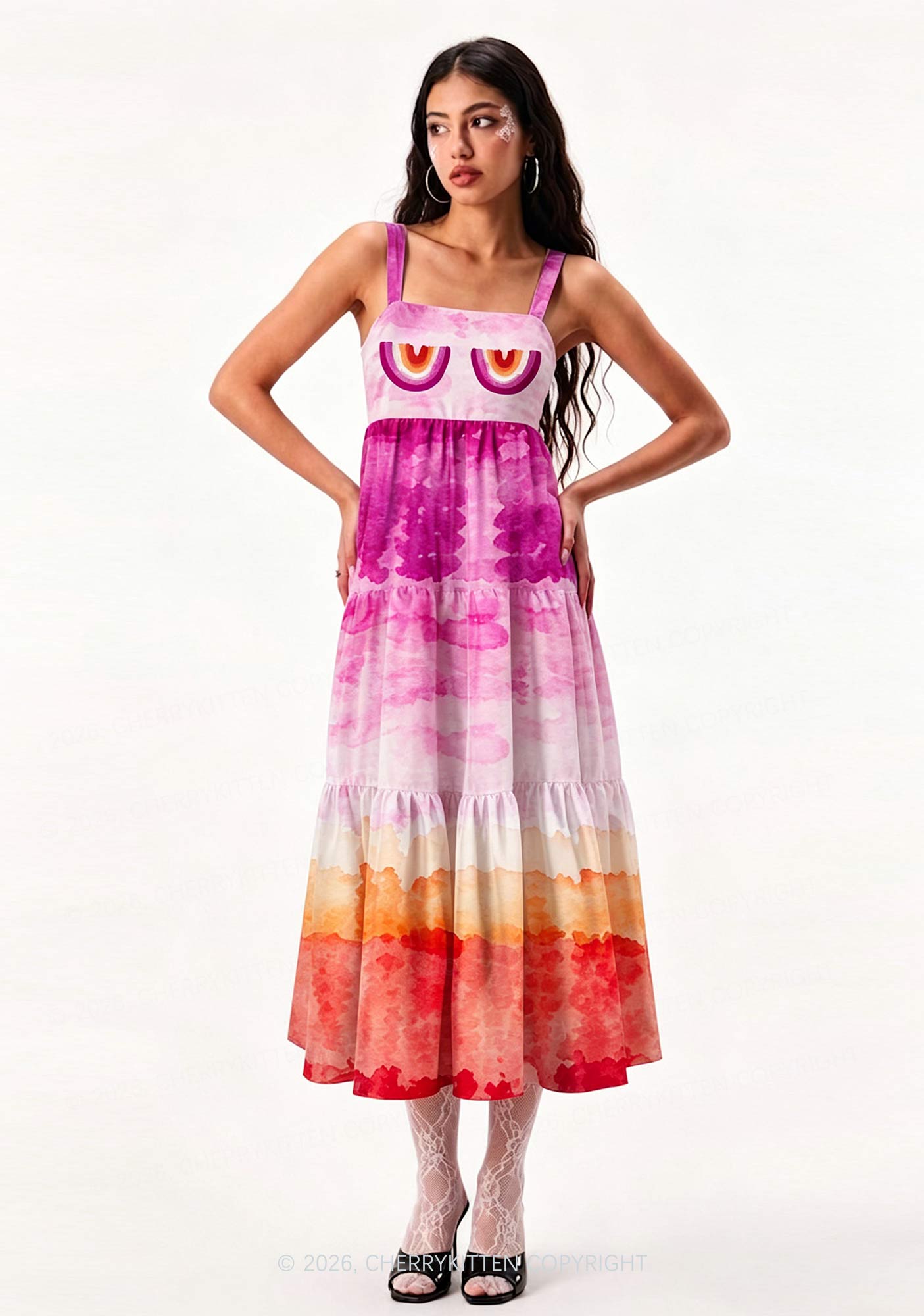 Lesbian Tie Dye Pride Y2K Print Tiered Maxi Dress Cherrykitten