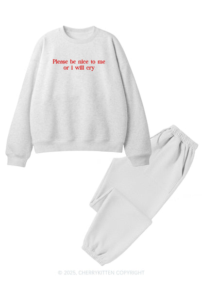 Embroidered Please Be Nice To Me Y2K Fleece Sweatshirts Set Cherrykitten