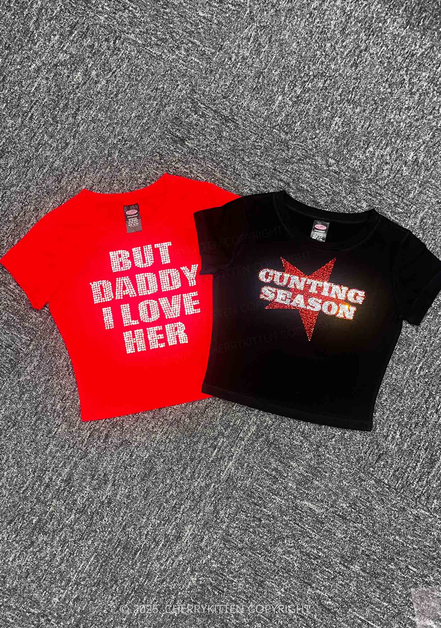 Rhinestone Cunting Season Y2K Baby Tee Cherrykitten