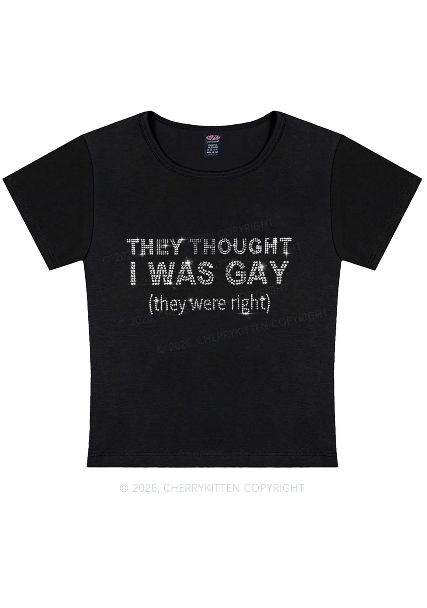 Rhinestone They Thought I Was Gay Pride Y2K Baby Tee Cherrykitten