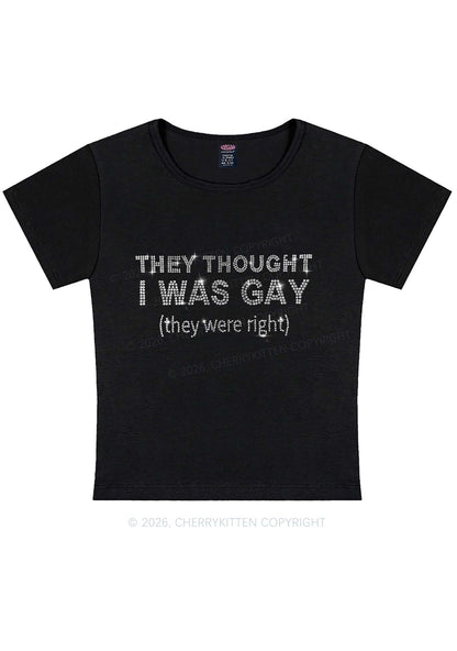 Rhinestone They Thought I Was Gay Pride Y2K Baby Tee Cherrykitten
