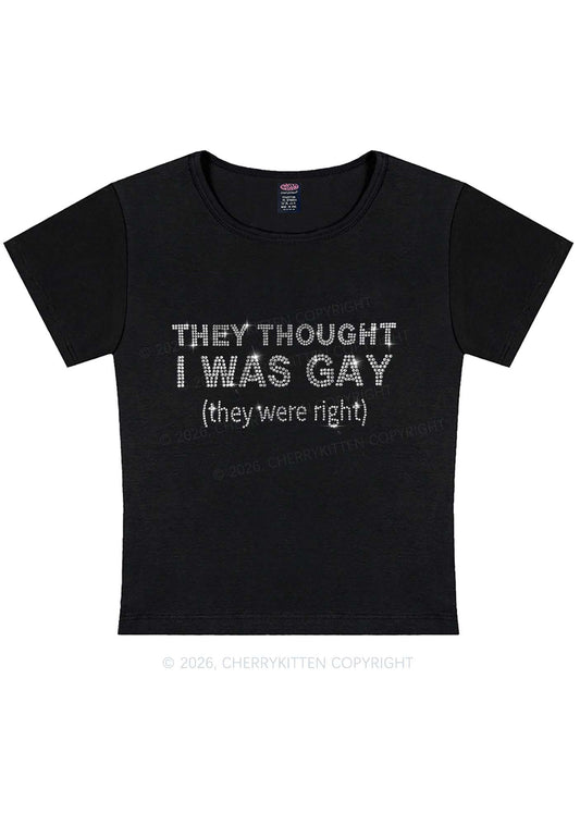Rhinestone They Thought I Was Gay Pride Y2K Baby Tee Cherrykitten