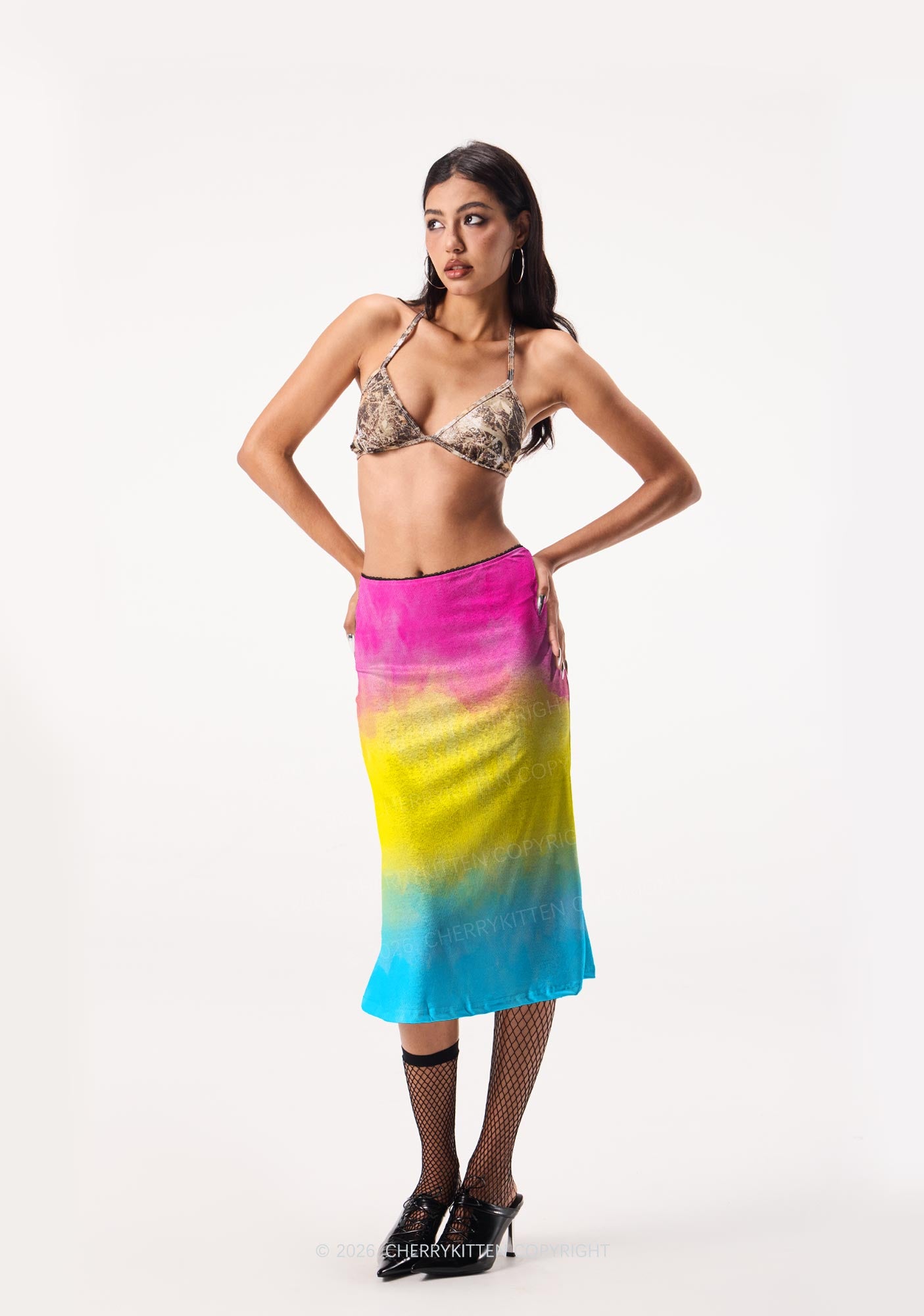 Pansexual Tie Dye Pride Y2K Print Midi Skirt Cherrykitten