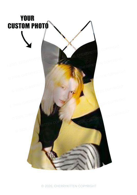 Custom Personalized Photo Y2K Print Satin Cowl Neck Slip Dress Cherrykitten