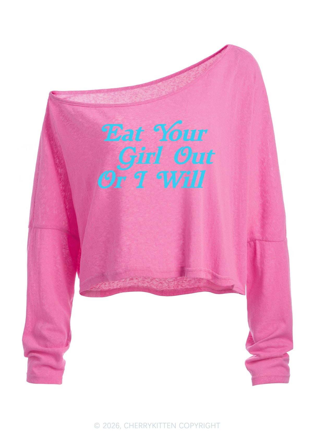 Eat Your Girl Out Y2K Off Shoulder Long Sleeve Crop Top Cherrykitten