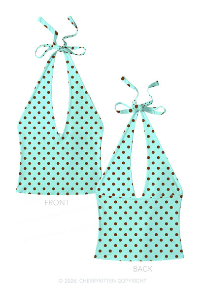Brown Dots On Mint Green Y2K Print Halter Deep V Neck Cami Cherrykitten