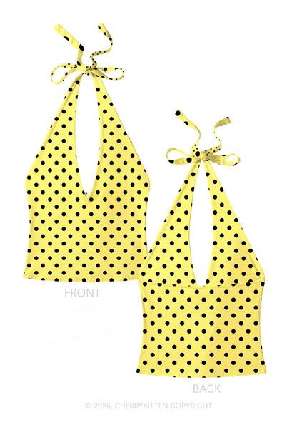Black Dots On Yellow Y2K Print Halter Deep V Neck Cami Cherrykitten