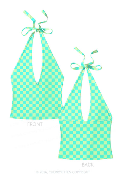 Mint Green Checkered Y2K Print Halter Deep V Neck Cami Cherrykitten