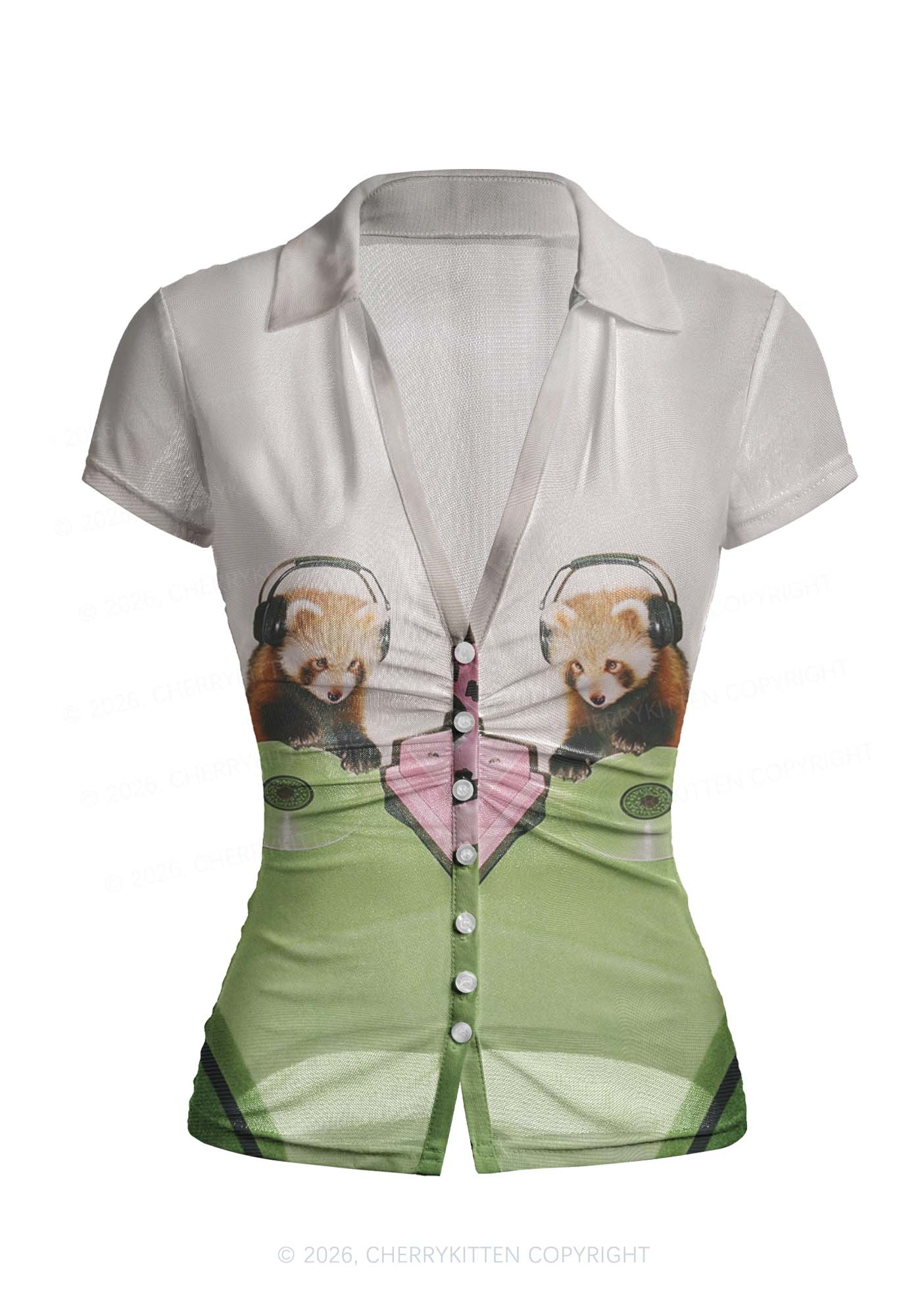Red Panda DJ Y2K Mesh Ruched  Waist  V Neck Top Cherrykitten