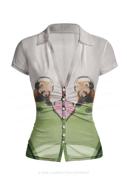 Red Panda DJ Y2K Mesh Ruched  Waist  V Neck Top Cherrykitten