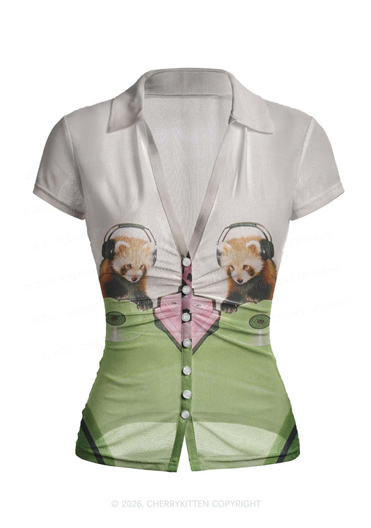 Red Panda DJ Y2K Mesh Ruched  Waist  V Neck Top Cherrykitten
