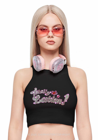 Rhinestone Totally Lesbian Pride Y2K Crop Tank Top Cherrykitten
