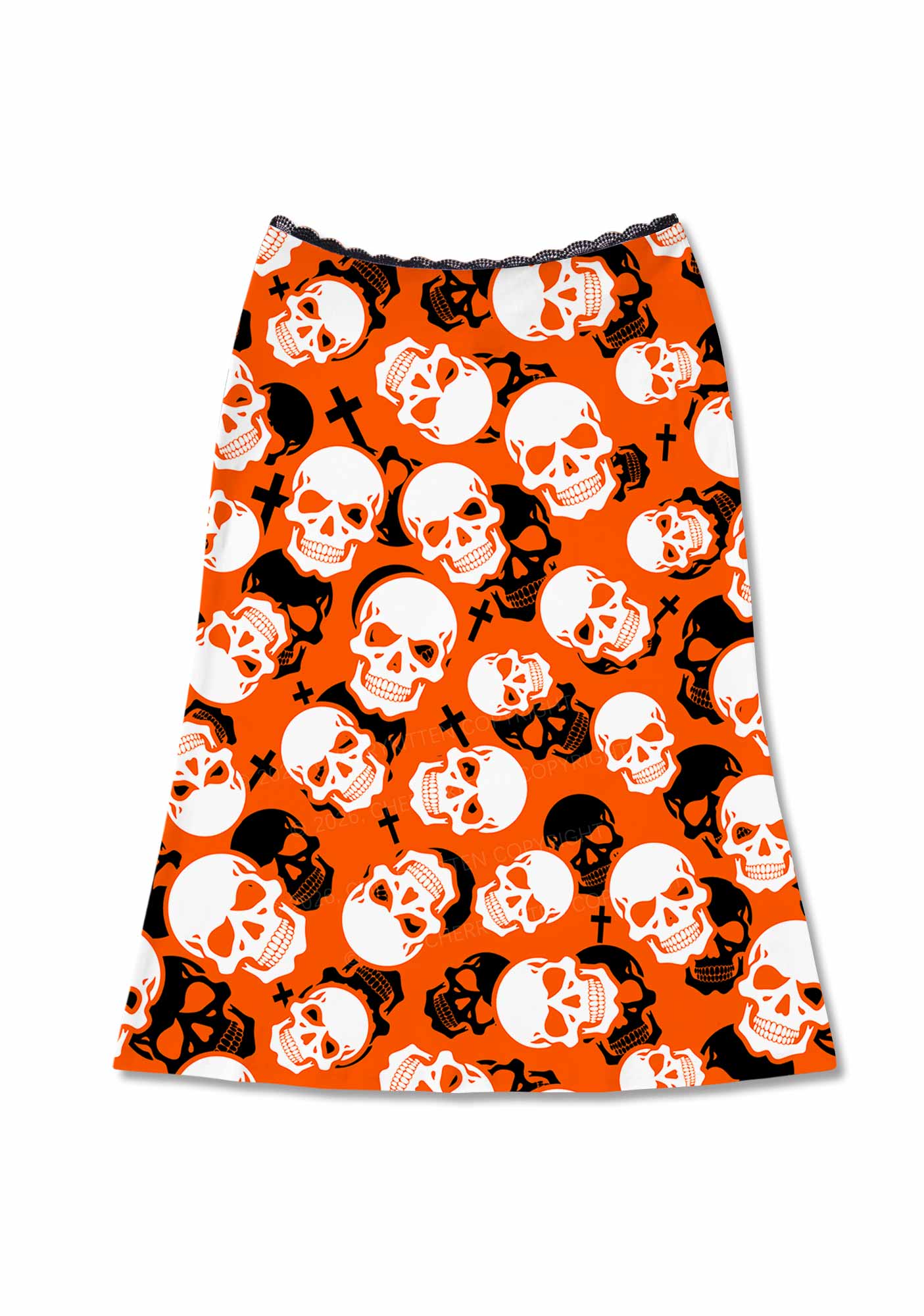 Halloween Orange Skull Cross Y2K Print Midi Skirt Cherrykitten