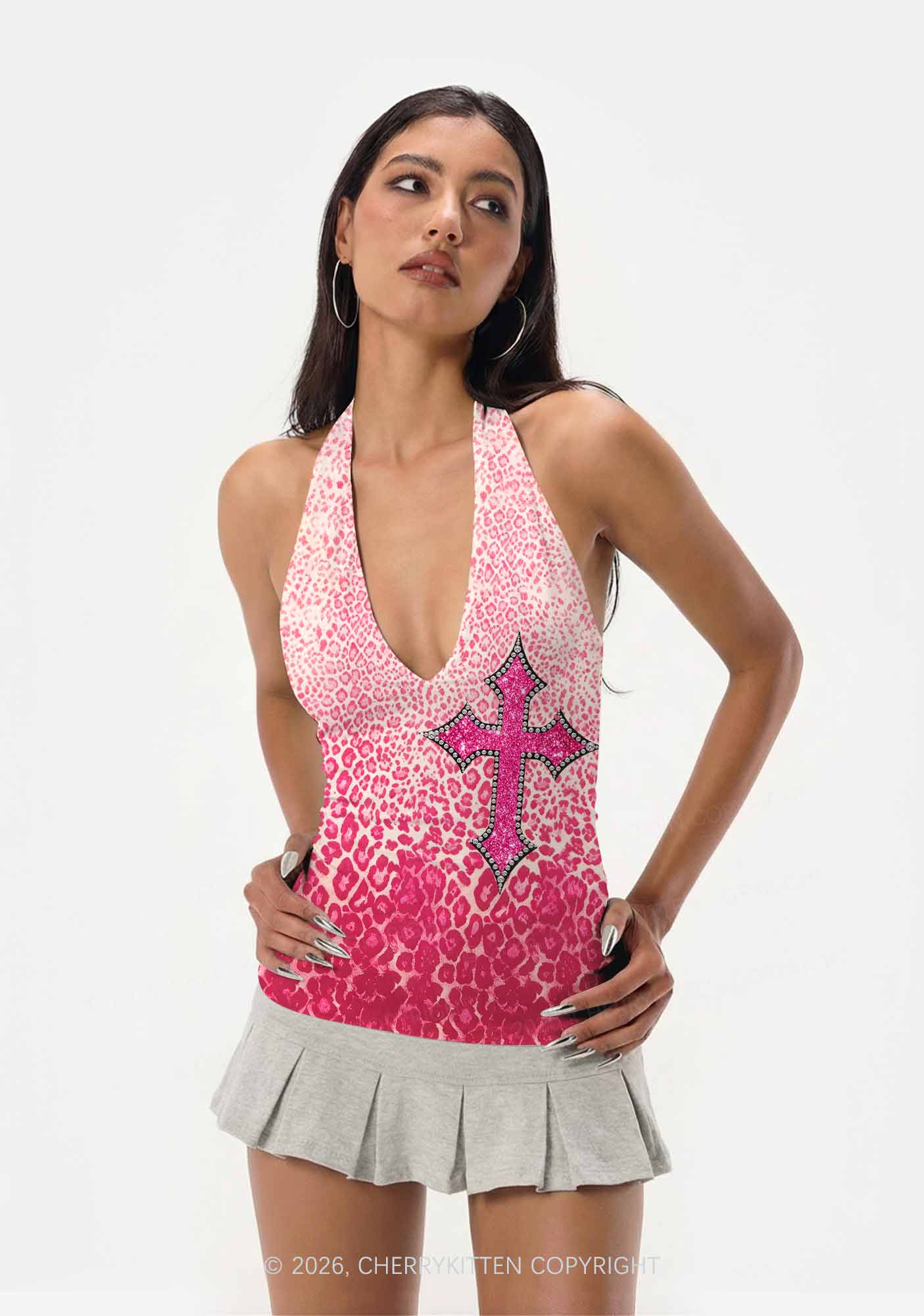 Halloween Pink Leopard Cross Y2K Print Halter Deep V Neck Cami Cherrykitten