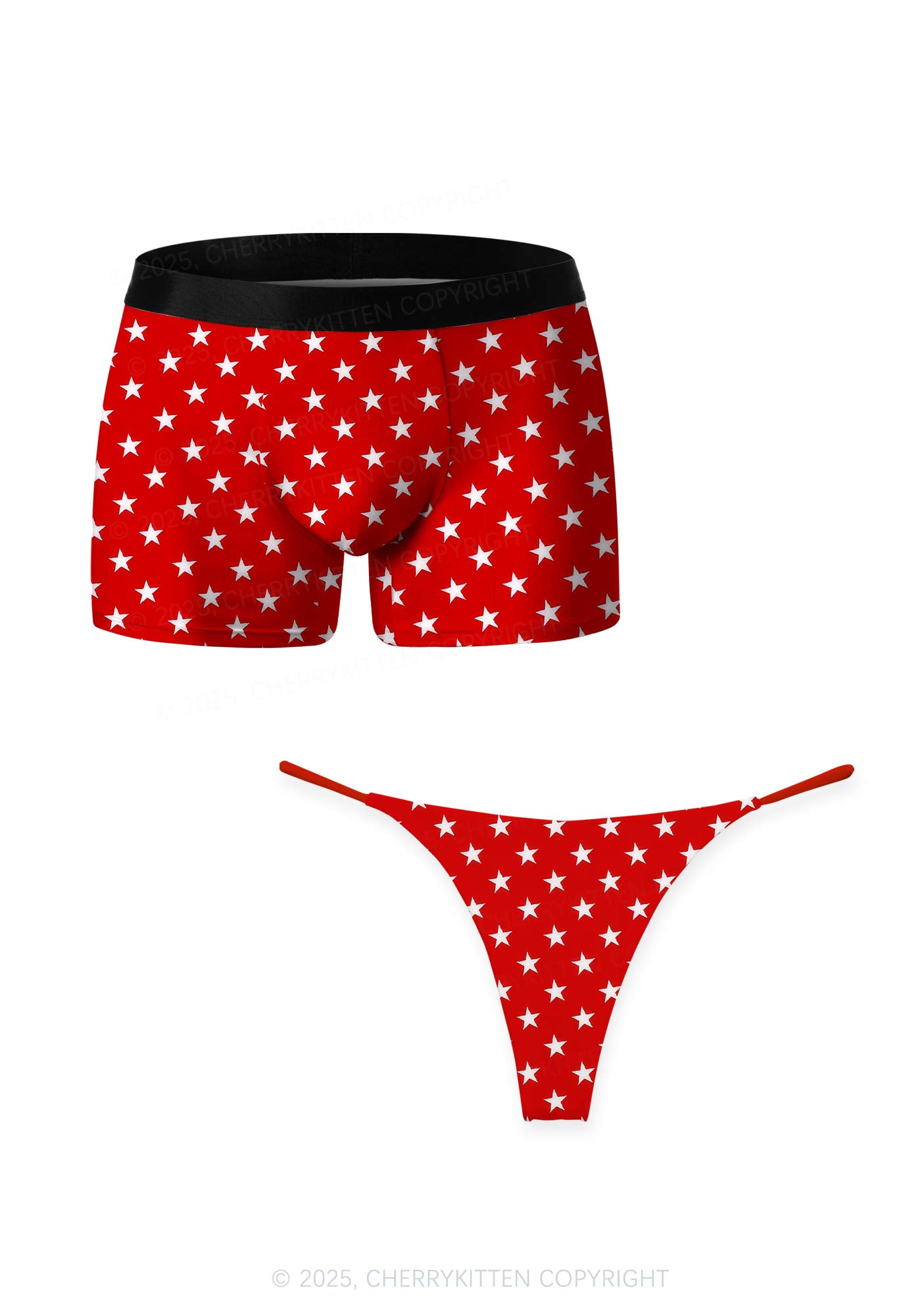 White Stars On Red Valentine's Day Y2K Print Couples Boxer Thong Set Cherrykitten