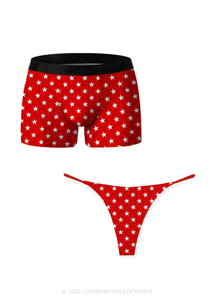 White Stars On Red Valentine's Day Y2K Print Couples Boxer Thong Set Cherrykitten