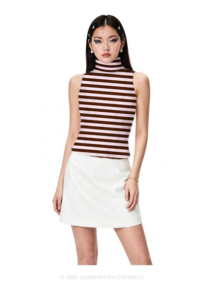 Pink Brown Stripes Y2K Knit Turtleneck Tank Top Cherrykitten