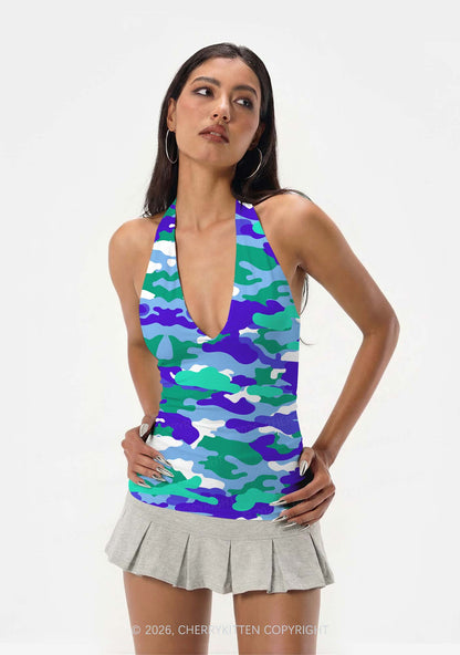 Gay Camouflage Pride Y2K Print Halter Deep V Neck Cami Cherrykitten