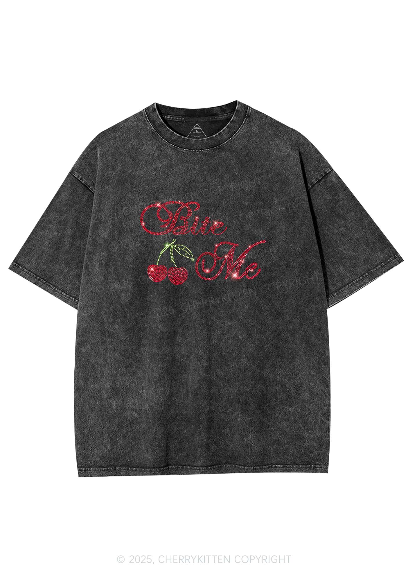 Rhinestone Red Cherry Bite Me Y2K Shirts Washed Tee Cherrykitten