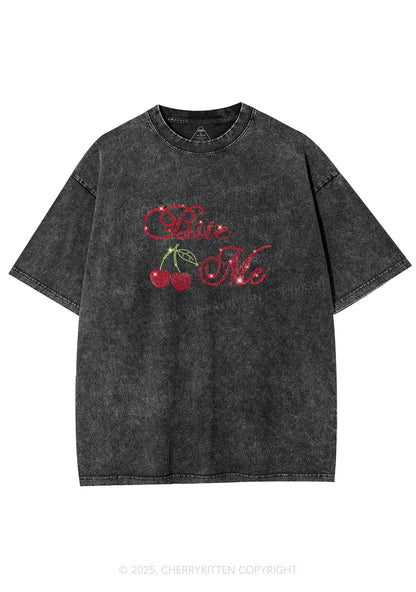 Rhinestone Red Cherry Bite Me Y2K Shirts Washed Tee Cherrykitten