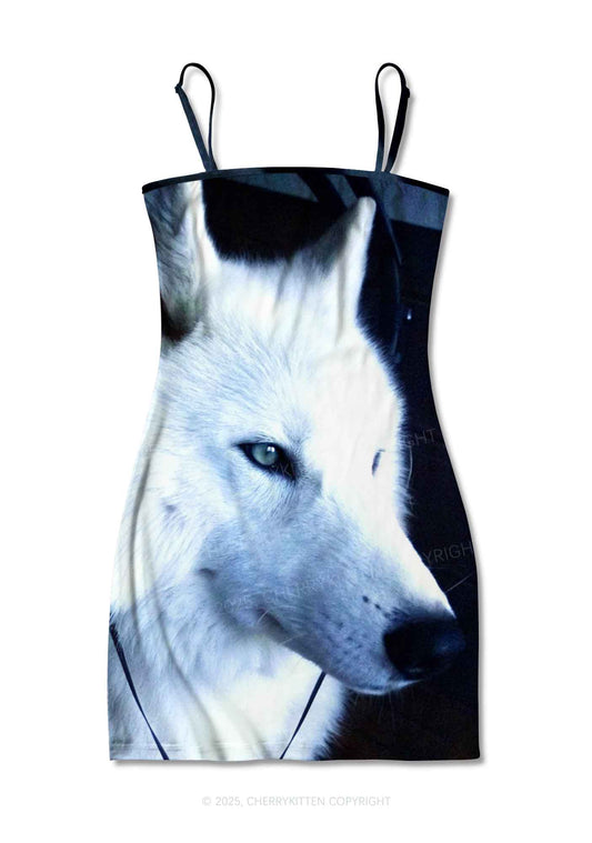 White Wolf Y2K Print Slip Dress Cherrykitten