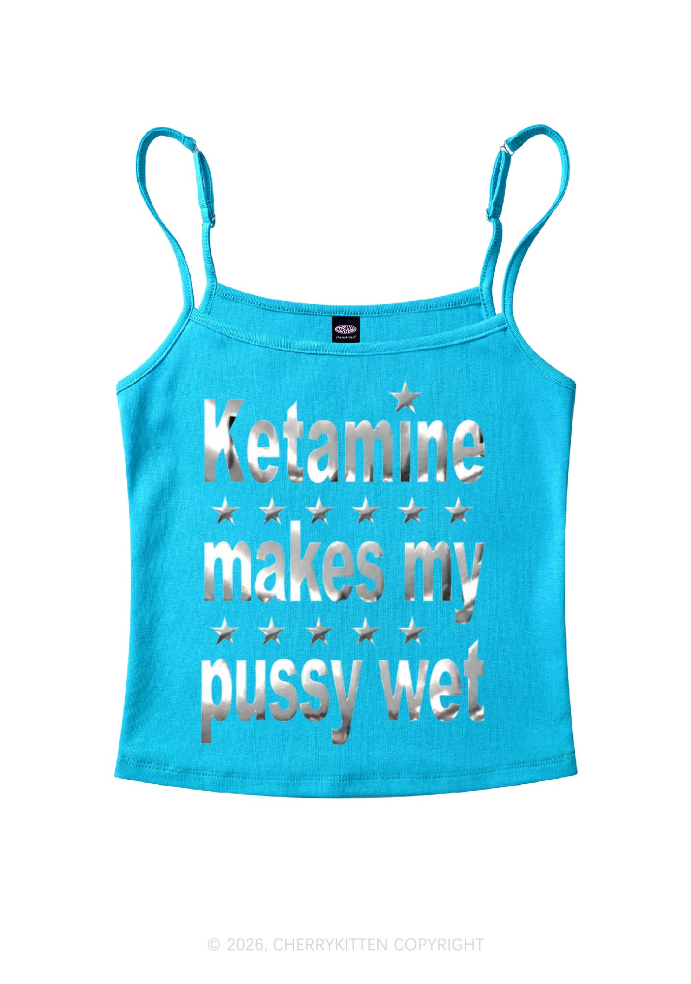 K Makes My Puxxy Wet Silver Foil Printed Y2K Spaghetti Strap Cami Cherrykitten