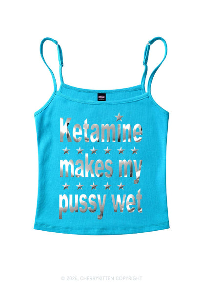 K Makes My Puxxy Wet Silver Foil Printed Y2K Spaghetti Strap Cami Cherrykitten