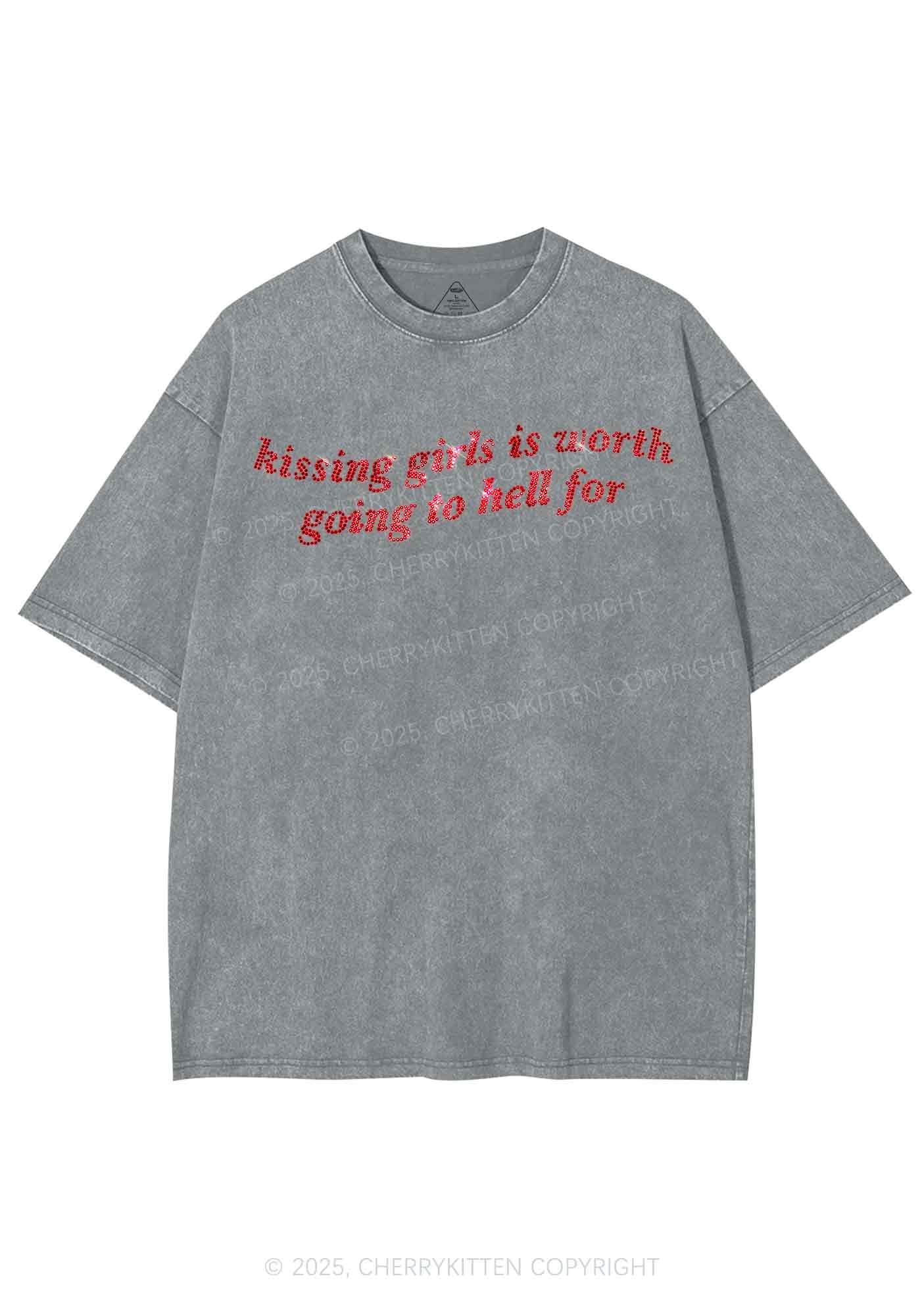 Rhinestone Kissing Girls is Worth Pride Y2K Shirts Washed Tee Cherrykitten