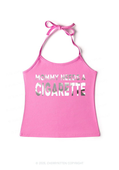 Mommy Needs A Cigarette Silver Foil Printed Y2K Halter Neck Cami Cherrykitten