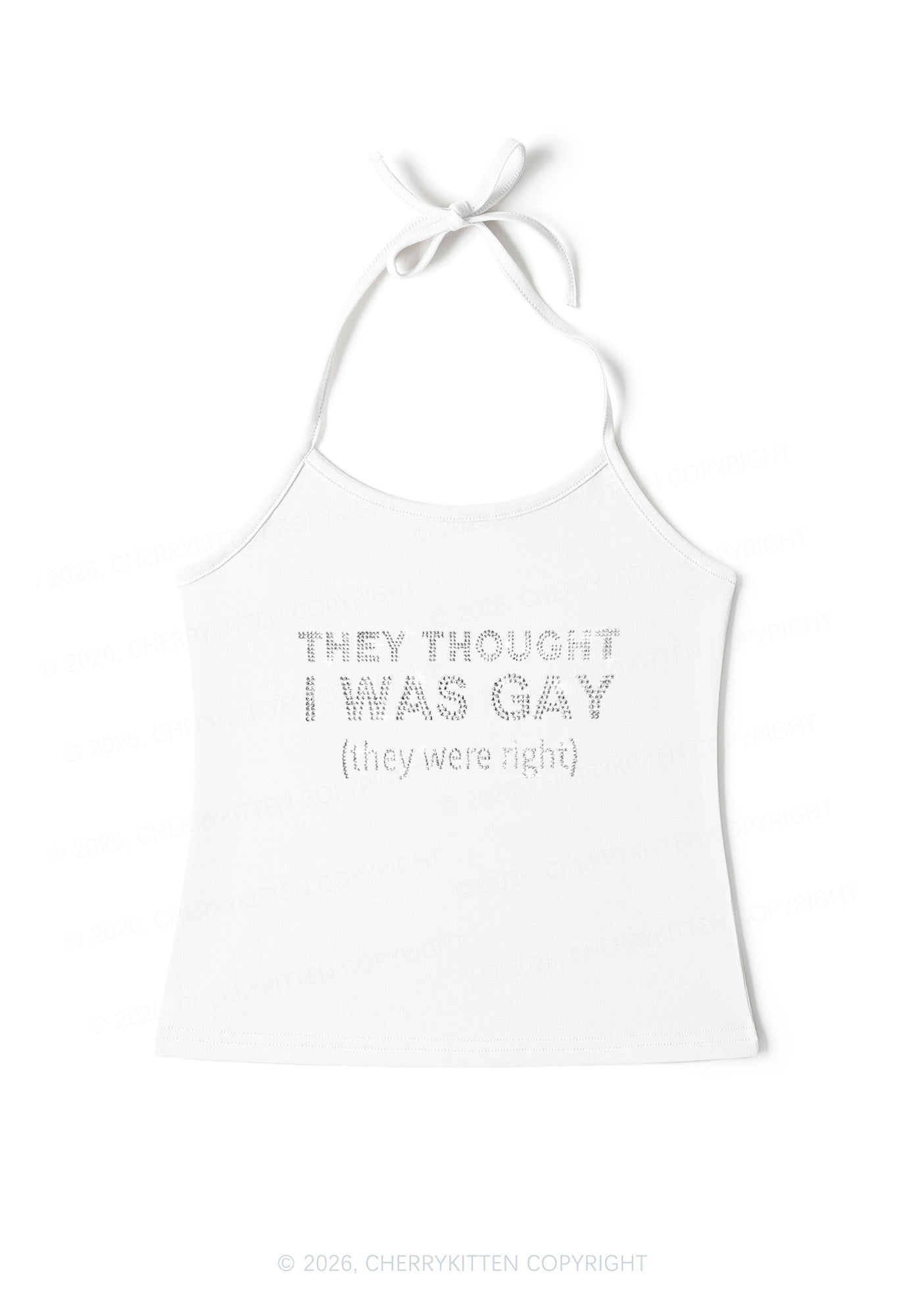 Rhinestone They Thought I Was Gay Pride Y2K Halter Neck Cami Cherrykitten