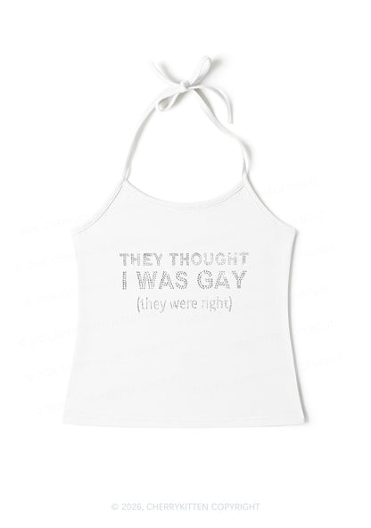 Rhinestone They Thought I Was Gay Pride Y2K Halter Neck Cami Cherrykitten