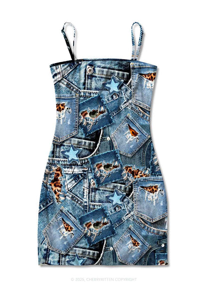Denim Patchwork Y2K Print Slip Dress Cherrykitten