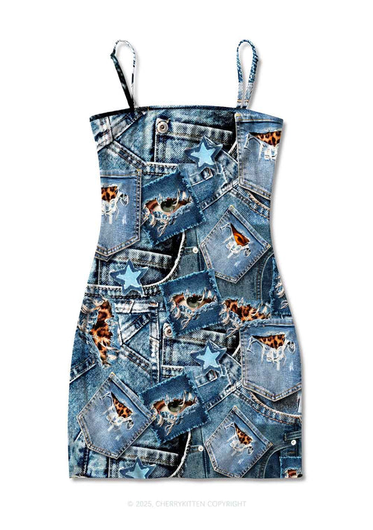 Denim Patchwork Y2K Print Slip Dress Cherrykitten