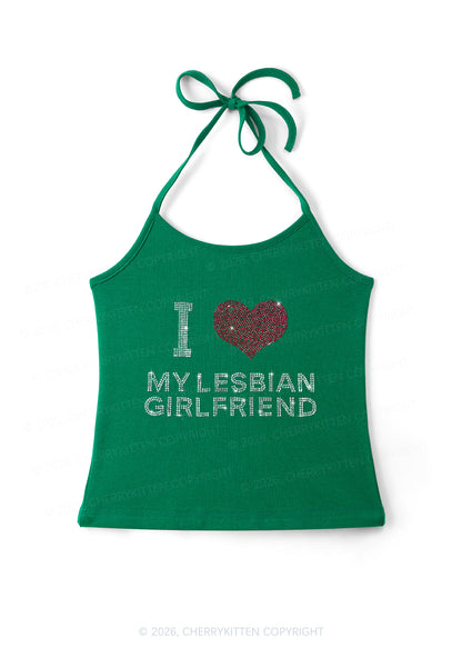 Rhinestone I Love My Lesbian GF Pride Y2K Halter Neck Cami Cherrykitten