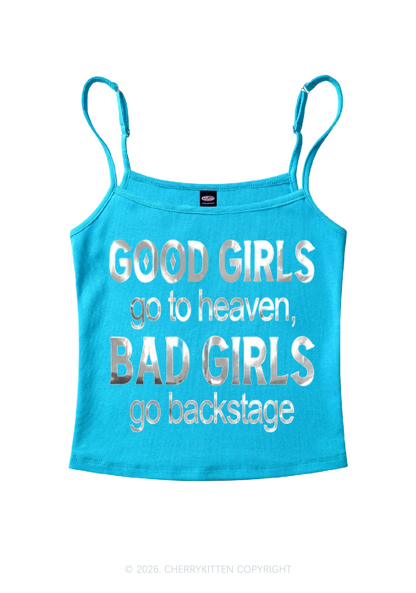 Bad Girls Go Backstage Silver Foil Printed Y2K Spaghetti Strap Cami Cherrykitten