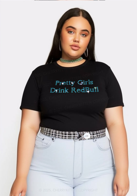 Curvy Rhinestone Pretty Girls Drink Redbull Y2K Baby Tee Cherrykitten
