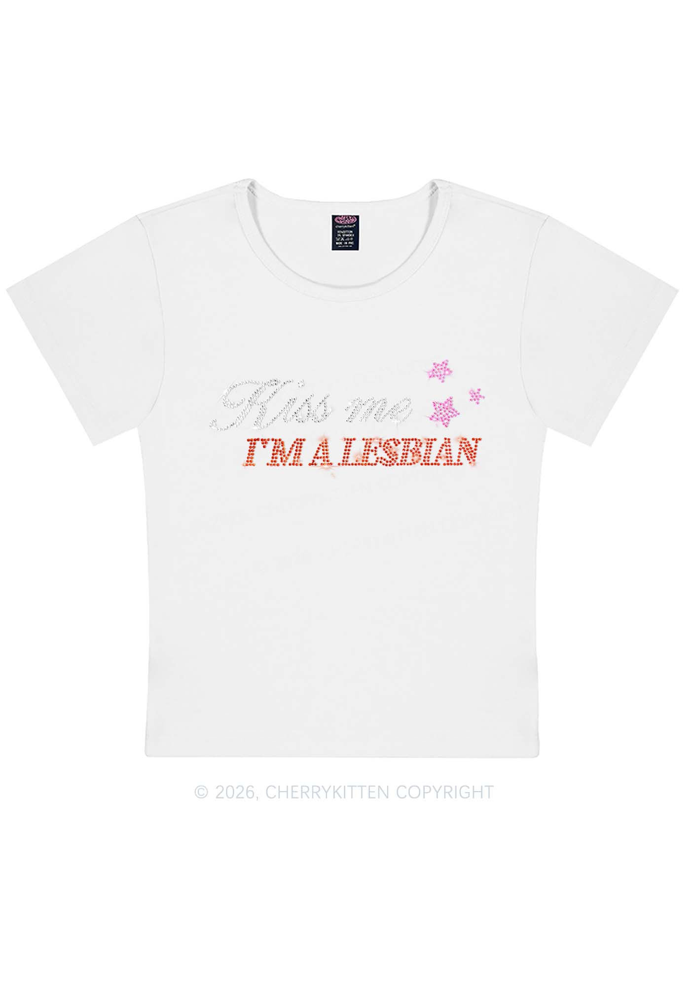 Rhinestone Kiss Me Im A Lesbian Pride Y2K Baby Tee Cherrykitten