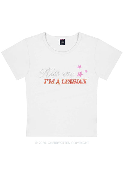 Rhinestone Kiss Me Im A Lesbian Pride Y2K Baby Tee Cherrykitten