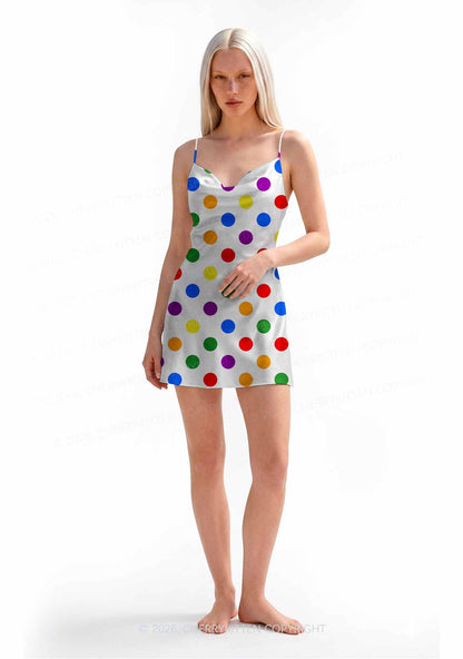 Rainbow Dots On White Pride Y2K Print Satin Cowl Neck Slip Dress Cherrykitten