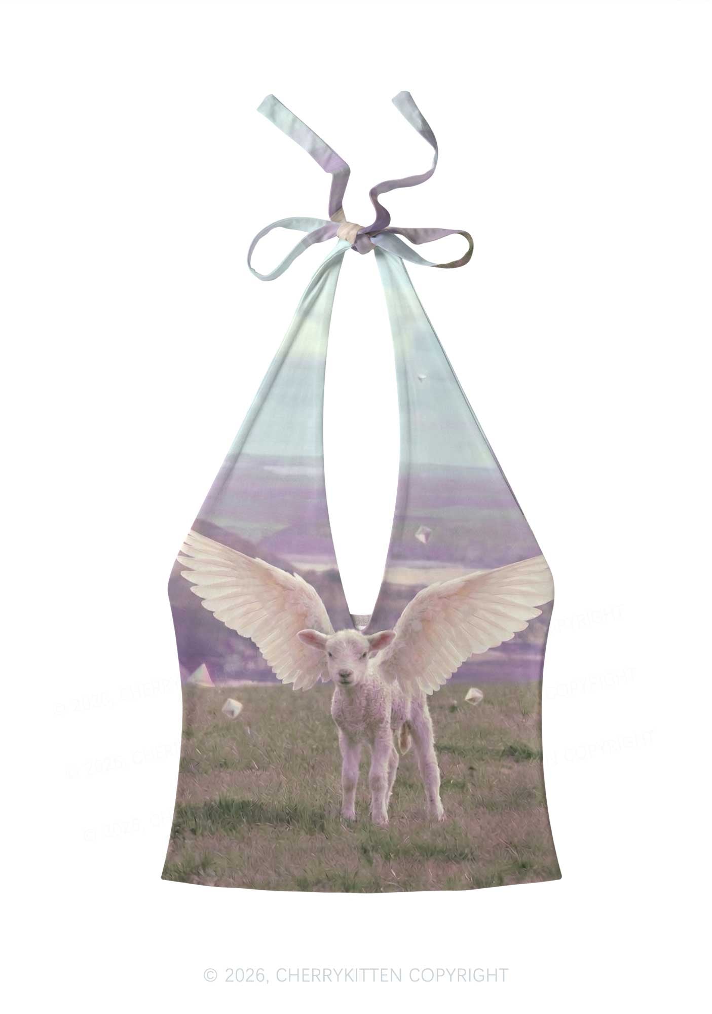 Angel Wing Lamb Y2K Print Halter Deep V Neck Cami Cherrykitten