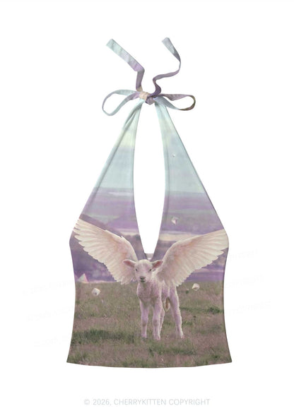 Angel Wing Lamb Y2K Print Halter Deep V Neck Cami Cherrykitten