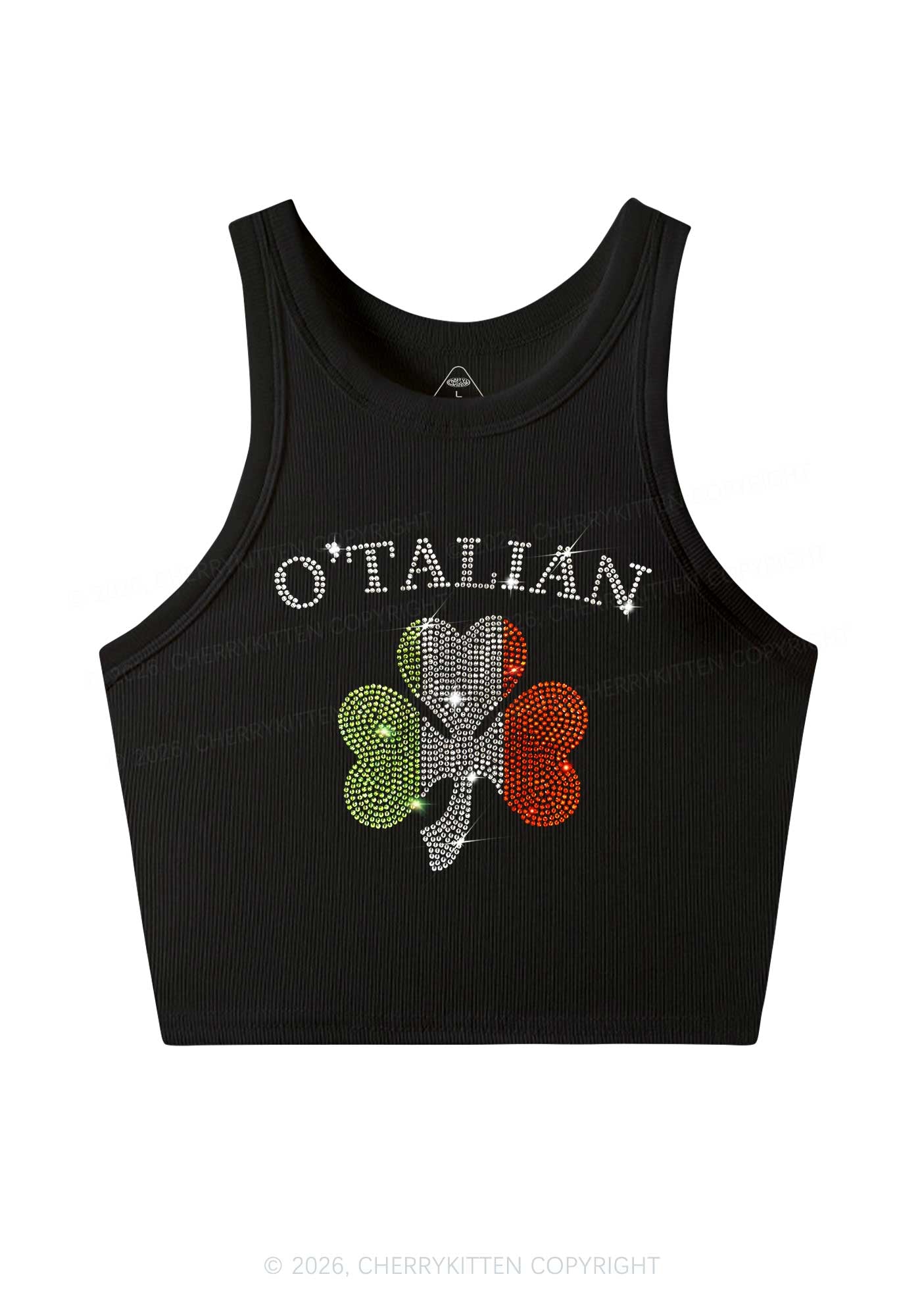 Rhinestone Otalian St Patricks Y2K Crop Tank Top Cherrykitten