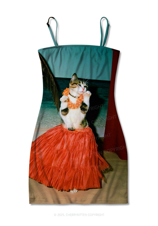 Dancing Cat Y2K Print Slip Dress Cherrykitten